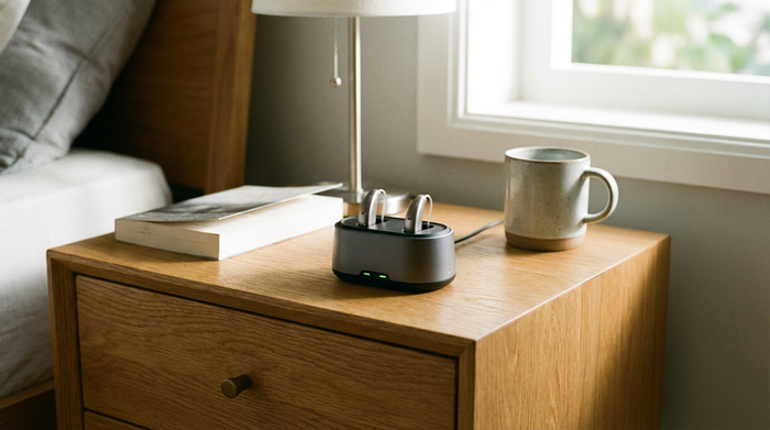 Zwei moderne Hörgeräte stecken in einer kompakten elektronischen Ladestation auf einem Nachttisch