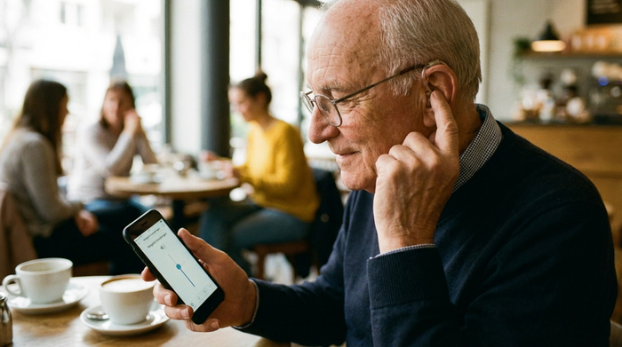 Senior bedient sein Smartphone, um die Lautstärke seines Hörgeräts per App anzupassen