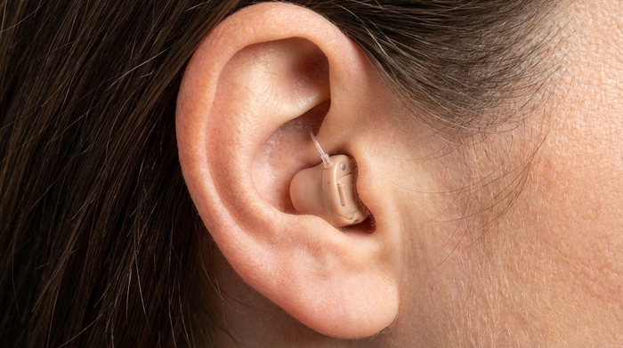 Seitliche Nahaufnahme eines Ohrs mit einem extrem kleinen, nahezu unsichtbaren Im-Ohr-Hörgerät