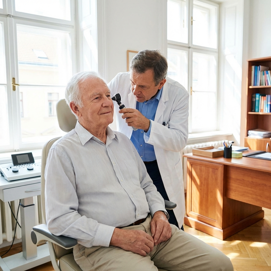 HNO-Arzt untersucht mit einem Otoskop das Ohr eines älteren Patienten in einer hellen Praxis