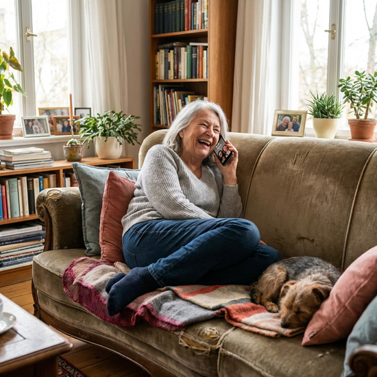 Seniorin sitzt entspannt auf dem Sofa und telefoniert fröhlich mit ihrer Familie