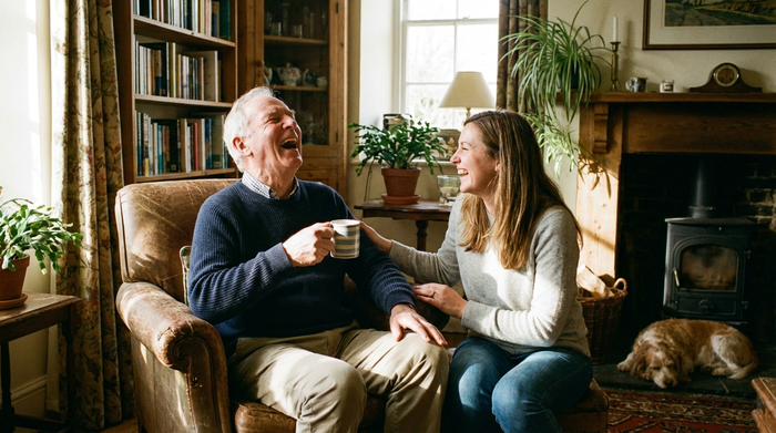 Älterer Herr lacht herzlich gemeinsam mit seiner erwachsenen Tochter bei einer Tasse Kaffee im Wohnzimmer