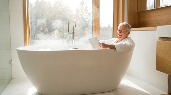 Älterer Herr sitzt entspannt und lächelnd in einer hellen, modernen Badewanne