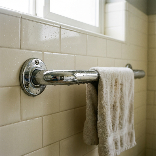 Stabiler verchromter Haltegriff an einer hell gefliesten Badezimmerwand