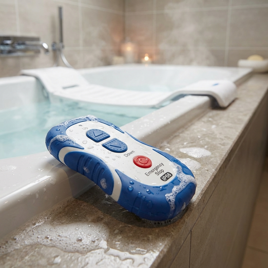 Wasserdichte, ergonomische Fernbedienung für einen Wannenlift liegt auf dem Wannenrand