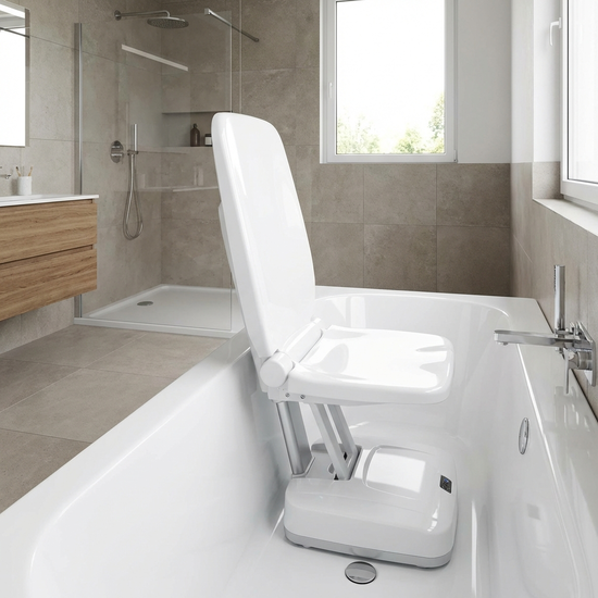 Moderner, weißer Badewannenlift mit hochgeklappter Rückenlehne in einer leeren Badewanne