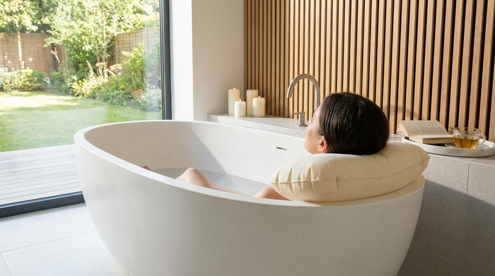 Bequemes aufblasbares Badekissen in einer modernen Wanne