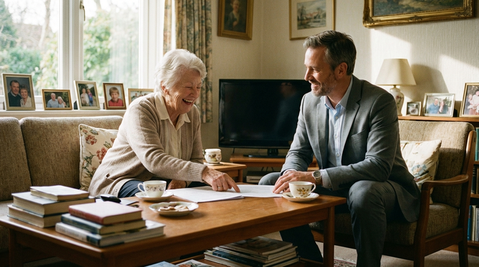 Ältere Dame bespricht entspannt Dokumente mit einem Berater am Wohnzimmertisch