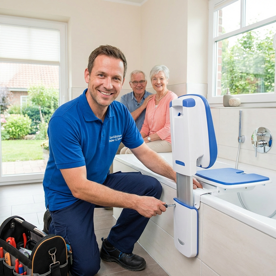 Freundlicher Techniker eines Sanitätshauses montiert einen Badewannenlift