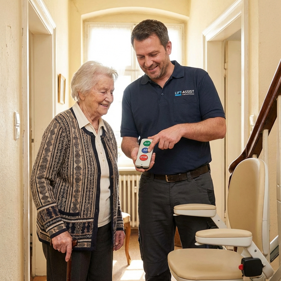 Techniker erklärt einer Seniorin die Fernbedienung des Lifts