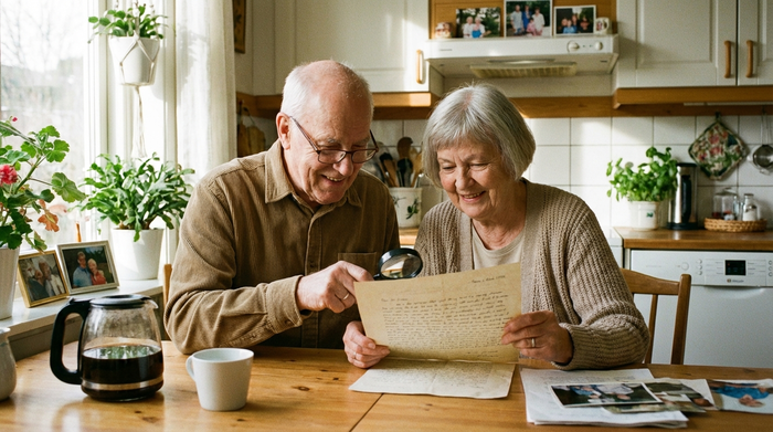 Seniorenpaar liest gemeinsam ein Dokument am Küchentisch