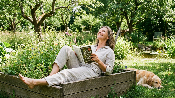 Lächelnde Frau mittleren Alters entspannt sich mit einem Buch auf einer Gartenliege und genießt ihre Auszeit im Grünen.