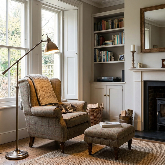 Gemütliches, seniorengerechtes Wohnzimmer mit einem bequemen Sessel und einer Leselampe.