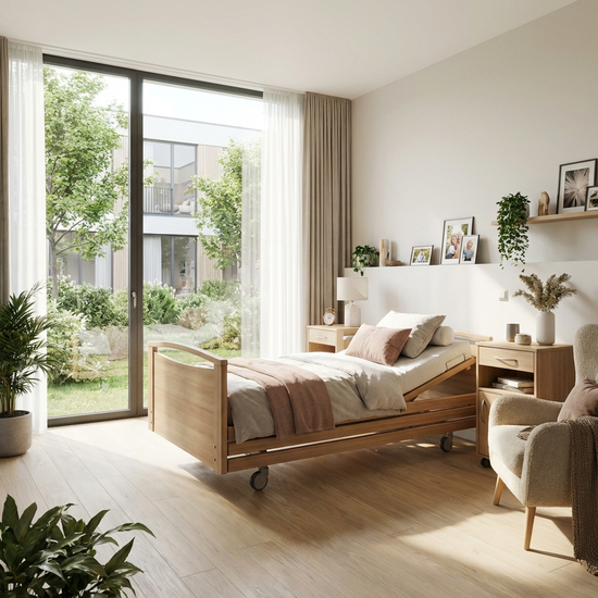 Modernes, helles Zimmer in einer freundlichen Pflegeeinrichtung mit einem komfortablen Pflegebett und großem Fenster.