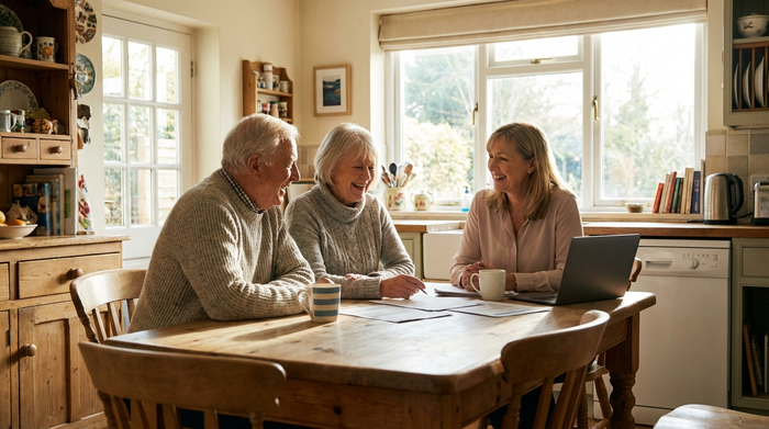 Älteres Ehepaar sitzt entspannt mit einer freundlichen Beraterin an einem hellen Küchentisch und bespricht Unterlagen.