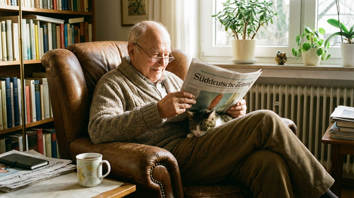 Senior sitzt gemütlich in seinem Sessel und liest in Ruhe eine Zeitung.
