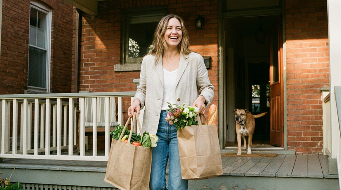 Frau kehrt entspannt und lächelnd mit Einkaufstaschen ins Haus zurück.