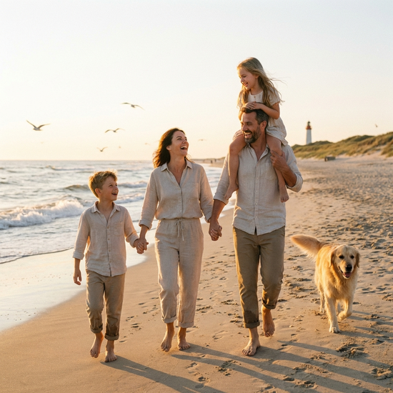 Fröhliche Familie spaziert gemeinsam am Strand und genießt die Urlaubszeit.