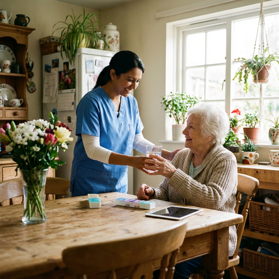 Professionelle Pflegekraft reicht einer älteren Dame freundlich ein Glas Wasser am Küchentisch.