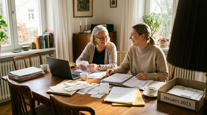 Seniorin und Tochter sitzen gemeinsam am Esstisch und sortieren Dokumente für die Steuererklärung