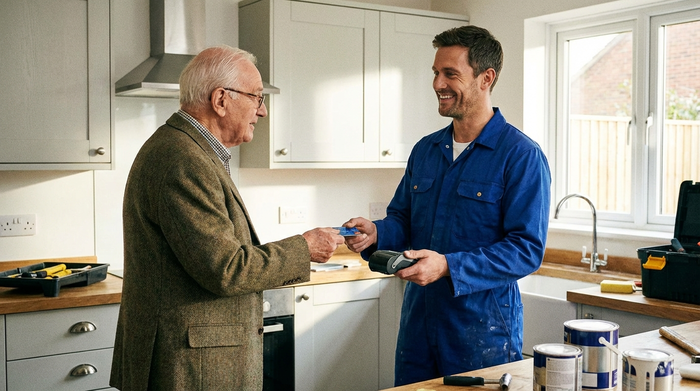 Älterer Herr übergibt einem Handwerker im Blaumann eine EC-Karte zur Zahlung