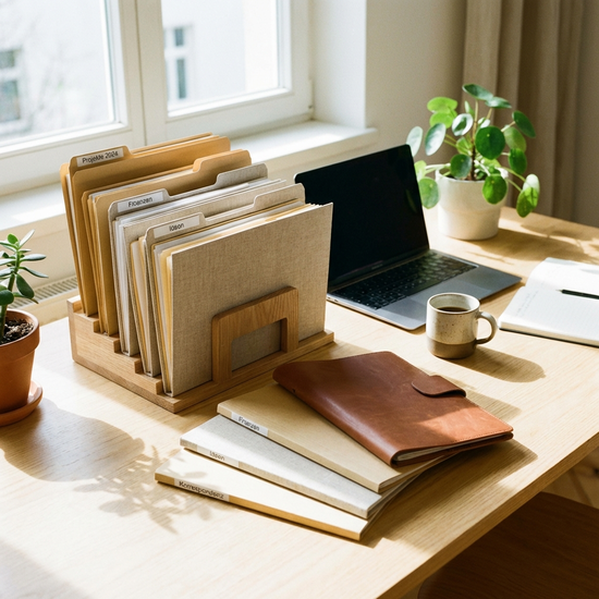 Geordnete Dokumentenmappen auf einem hellen Schreibtisch