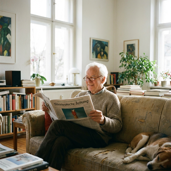 Entspannter Senior liest Zeitung auf dem Sofa in einem hellen Wohnzimmer