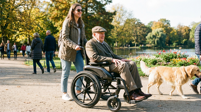Pflegerin schiebt Senior im modernen Rollstuhl durch einen sonnigen Park