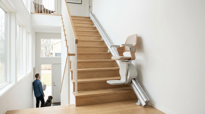 Moderner Treppenlift an einer hellen Holztreppe in einem Einfamilienhaus