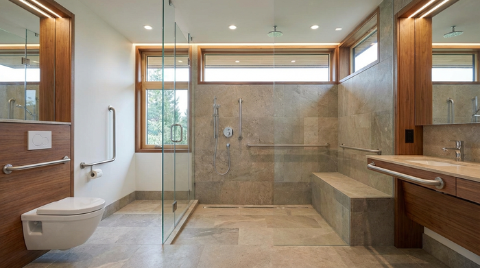 Modernes, barrierefreies Badezimmer mit bodengleicher Dusche und Haltegriffen