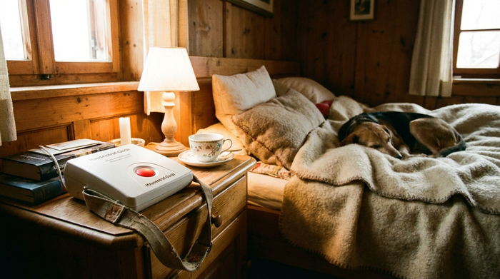 Hausnotruf-Gerät auf einem Nachttisch neben einem gemütlichen Bett