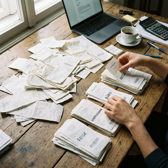 Hände ordnen Belege in verschiedene Stapel auf einem Tisch