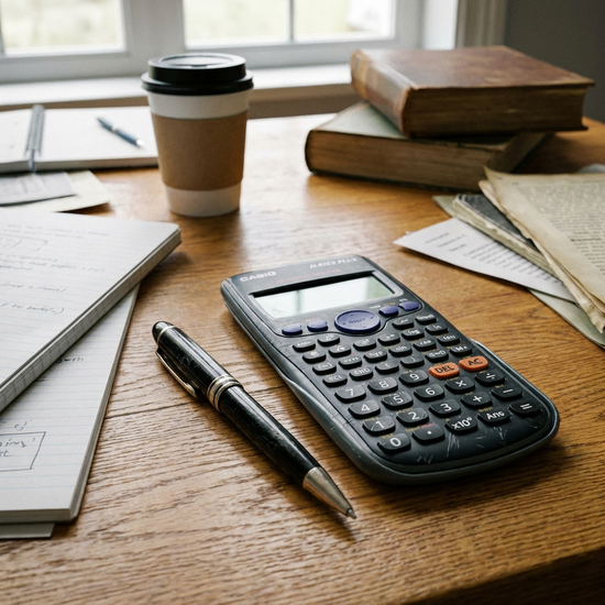 Kugelschreiber liegt neben einem Taschenrechner auf dem Schreibtisch
