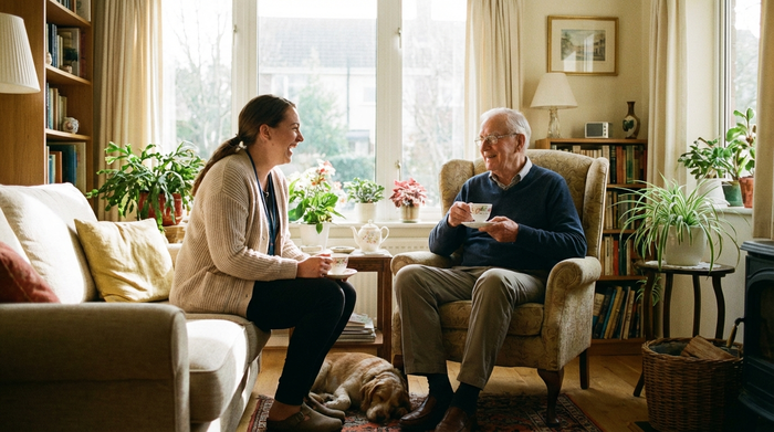 Freundliche Pflegerin und älterer Herr sitzen entspannt bei einer Tasse Tee im hellen Wohnzimmer
