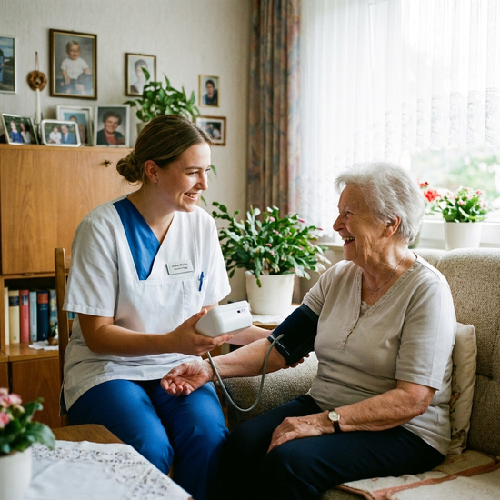 Pflegerin in Dienstkleidung misst den Blutdruck einer Seniorin