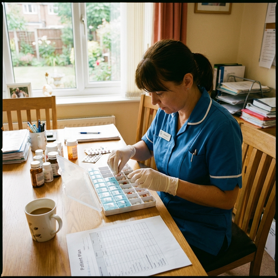Pflegerin bereitet sorgfältig Medikamente in einem Dispenser vor