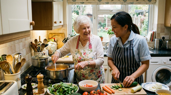 Betreuungskraft und Seniorin kochen gemeinsam in der Küche