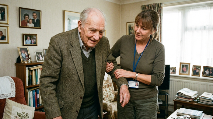 Betreuungskraft hilft älterem Herrn beim Anziehen einer Jacke