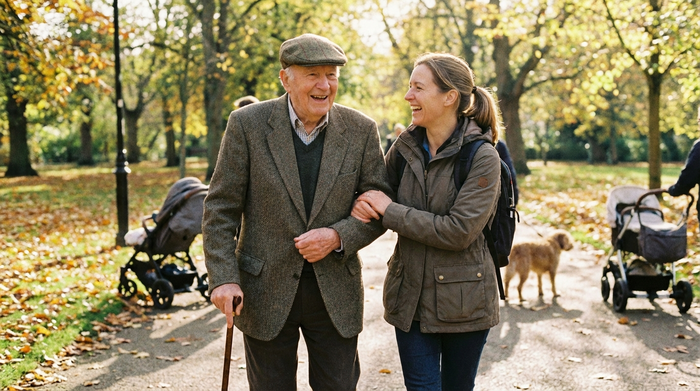 Senior und Betreuungskraft beim gemeinsamen Spaziergang im Park