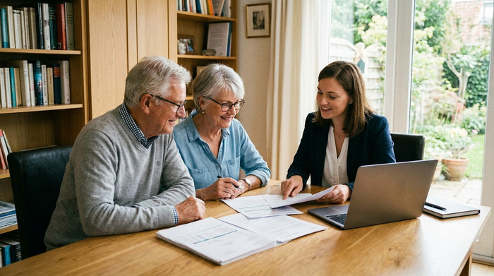 Älteres Ehepaar sitzt mit Beraterin am Tisch und schaut auf Unterlagen