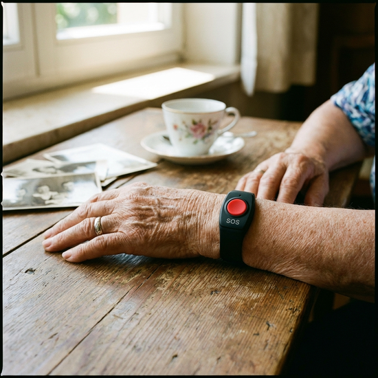 Hausnotruf-Armband am Handgelenk einer älteren Person