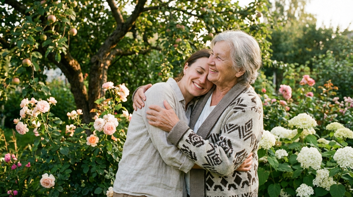 Tochter umarmt ihre ältere Mutter liebevoll im Garten