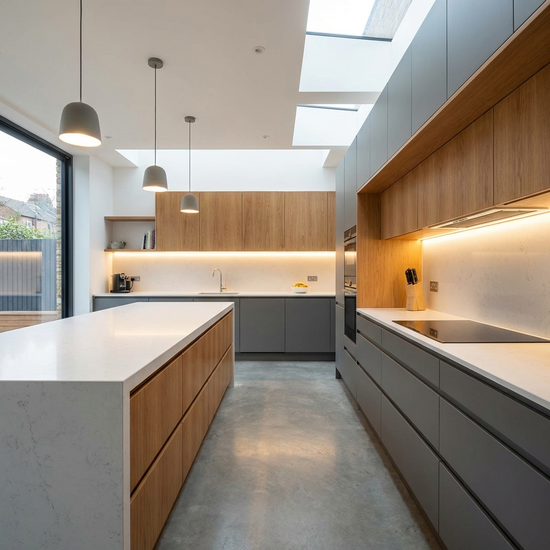 Moderne, übersichtliche Küche mit gut beleuchteter Arbeitsfläche und sicheren Schränken