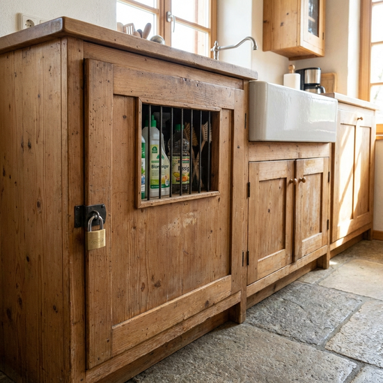 Abgeschlossener Unterschrank in einer Küche für Reinigungsmittel