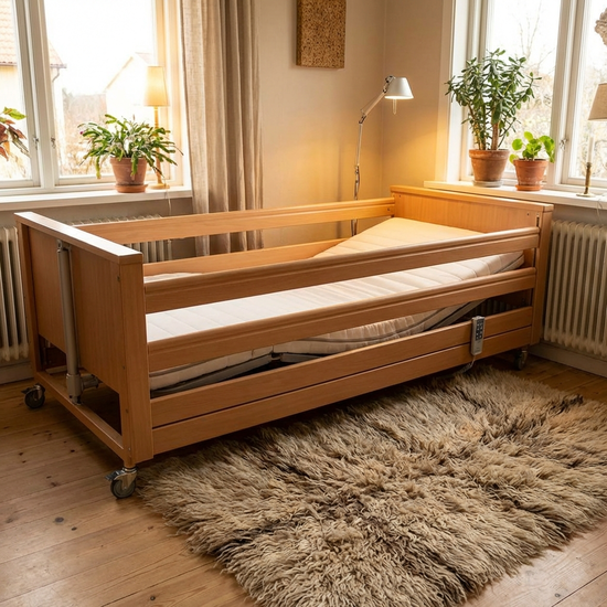 Pflegebett in niedriger Position mit einem weichen Teppich davor