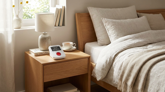Hausnotruf-Gerät auf einem aufgeräumten Nachttisch neben einem Bett