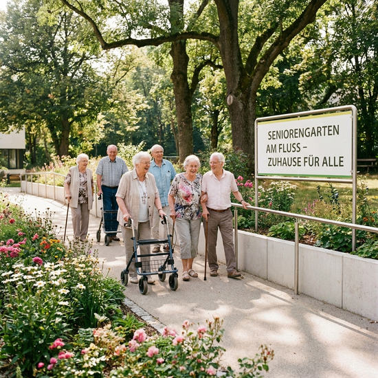 Senioren beim gemeinsamen entspannten Spaziergang in einem sicheren Garten