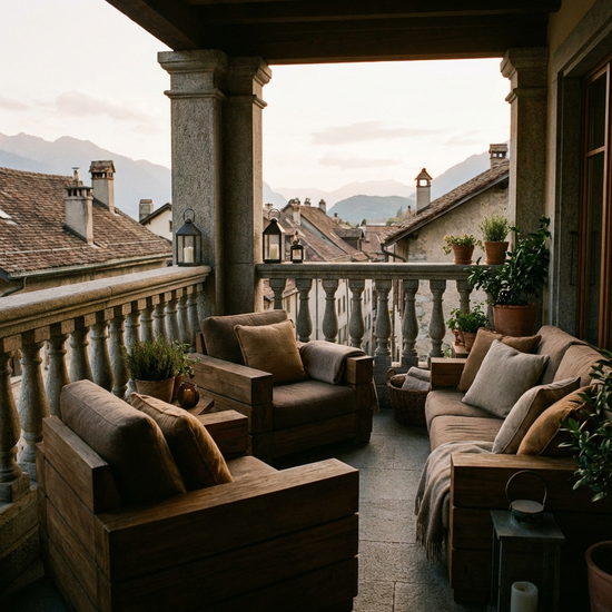 Balkon mit hoher, sicherer Brüstung und gemütlichen, schweren Sitzmöbeln