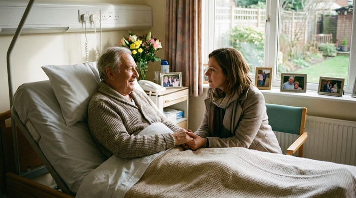Älterer Herr im Patientenzimmer wird von seiner erwachsenen Tochter am Bett besucht, beide unterhalten sich ruhig