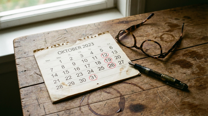 Kalenderblatt mit markierten Tagen, daneben eine Brille und ein Stift